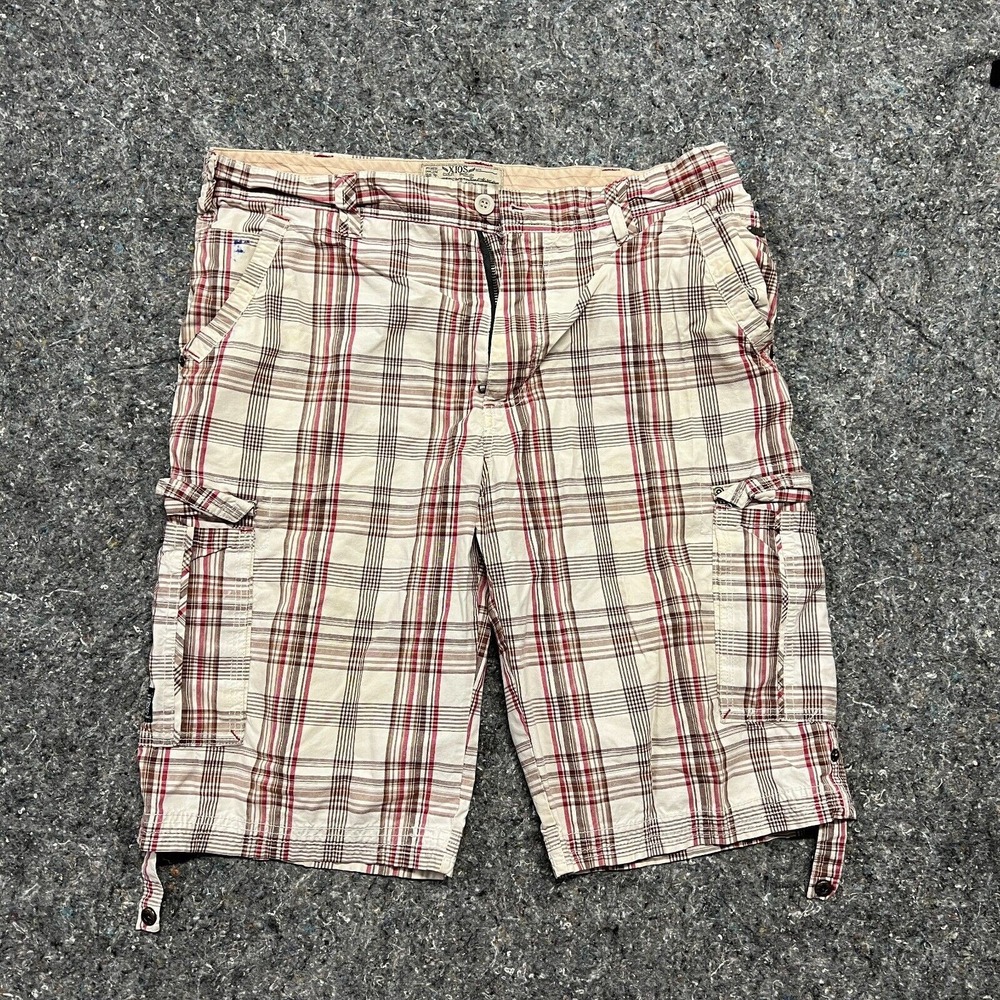 XIOS Mens Plaid Cargo Shorts 38 Cream Red Brown Checkered Y2K Utility Cotton